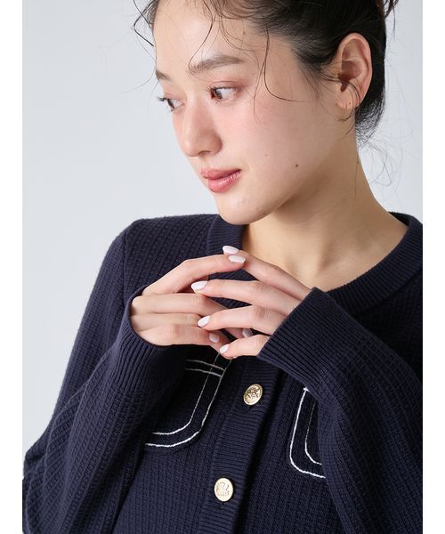 LILY BROWN(リリーブラウン)の「コットンニットジャケット(ノーカラージャケット・レディース・ミント/ネイビー/オフホワイト・F)」の10枚目の写真