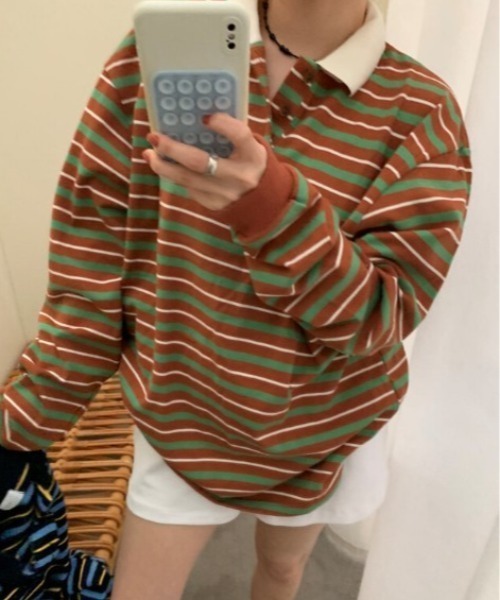 sorule(ソルレ)の「ロングスリーブボーダーポロトップス(Tシャツ/カットソー・レディース・ブラウン/ブルー・FREE)」の13枚目の写真