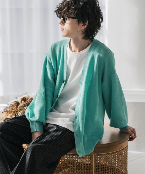 Rocky Monroe(ロッキーモンロー)の「接触冷感 UVカット 無地/アーガイル柄/チェック柄 オーバーサイズハイゲージVネックサマーニット長袖カーディガン(カーディガン/ボレロ・メンズ・グレー/ミント/ブラック/ブルー系/ブラック系/チャコール/ベージュ/アイボリー/ブルー/ピンク/ブラック系1/ベージュ系/ネイビー・L/XL/M)」の9枚目の写真