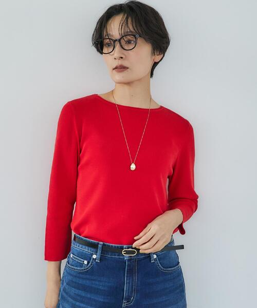 UNTITLED(アンタイトル)の「【洗える/七分袖】ボートネックコットンプルオーバー(ニット/セーター・レディース・ネイビー/レッド系1/ホワイト・02/00)」の9枚目の写真