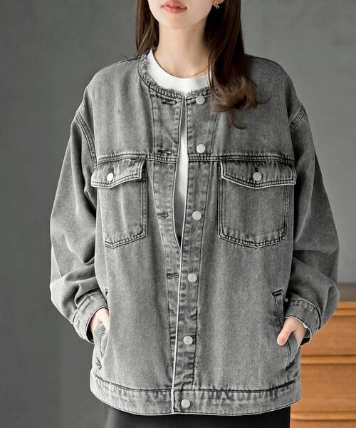 rps(アールピーエス)の「ノーカラービックGジャン(デニムジャケット・レディース・ブラック/ブルー・フリー)」の1枚目の写真