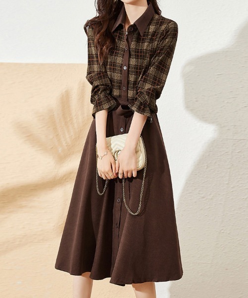 ONEP STAR（ワンピスター）の「チェック柄シャツワンピース（シャツワンピース・レディース・ブラウン・FREE）」の3枚目の写真