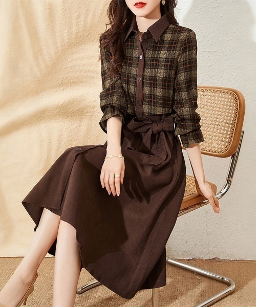 ONEP STAR（ワンピスター）の「チェック柄シャツワンピース（シャツワンピース・レディース・ブラウン・FREE）」の4枚目の写真