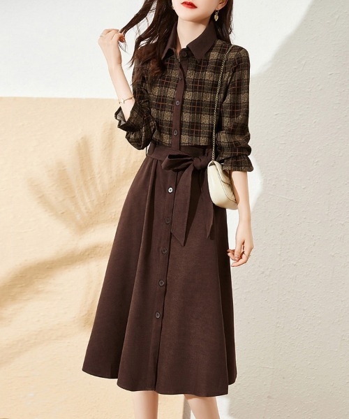 ONEP STAR（ワンピスター）の「チェック柄シャツワンピース（シャツワンピース・レディース・ブラウン・FREE）」の6枚目の写真