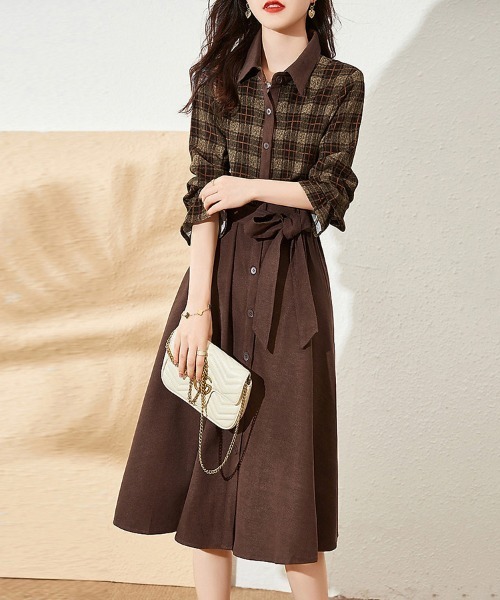 ONEP STAR（ワンピスター）の「チェック柄シャツワンピース（シャツワンピース・レディース・ブラウン・FREE）」の7枚目の写真