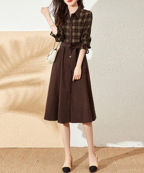 ONEP STAR（ワンピスター）の「チェック柄シャツワンピース（シャツワンピース・レディース・ブラウン・FREE）」の9枚目の写真