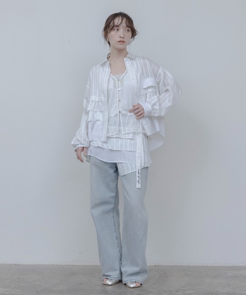 Eimee Law（エイミーロウ）の「ティアードフリル ストライプ ラップスカート（スカート・レディース・ブルー/オフホワイト・FREE）」の5枚目の写真