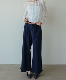 【裾フリルが大人のデニムスタイルに可愛さをプラス】フリル ヘム ワイドデニム ボトムス パンツ デニム  デニムパンツ ジーパン ワイド ハイウエスト ゆったり ショート丈 ミディアム丈 ロング丈 ウエスト調節可 体型カバー ゆったり