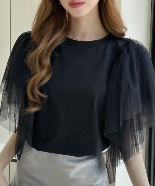 Ada.（エイダ）の「ボリューム チュール フリル スリーブ トップス（Tシャツ/カットソー・レディース・ホワイト/ブラック・FREE）」の2枚目の写真