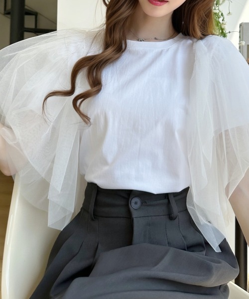 Ada.（エイダ）の「ボリューム チュール フリル スリーブ トップス（Tシャツ/カットソー・レディース・ホワイト/ブラック・FREE）」の3枚目の写真