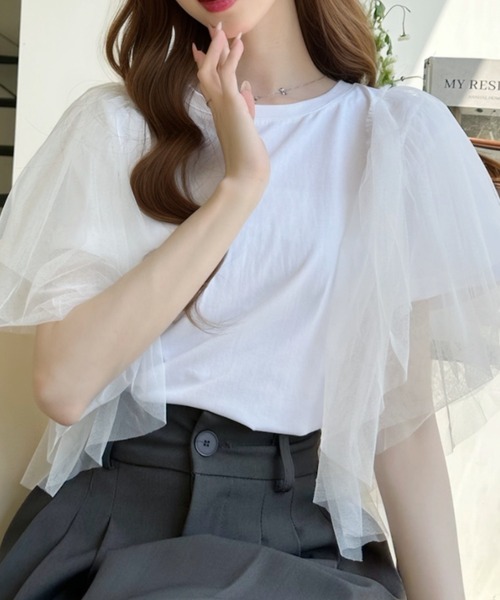 Ada.（エイダ）の「ボリューム チュール フリル スリーブ トップス（Tシャツ/カットソー・レディース・ホワイト/ブラック・FREE）」の4枚目の写真