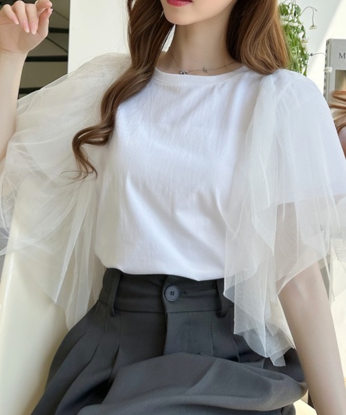 Ada.（エイダ）の「ボリューム チュール フリル スリーブ トップス（Tシャツ/カットソー・レディース・ホワイト/ブラック・FREE）」の5枚目の写真