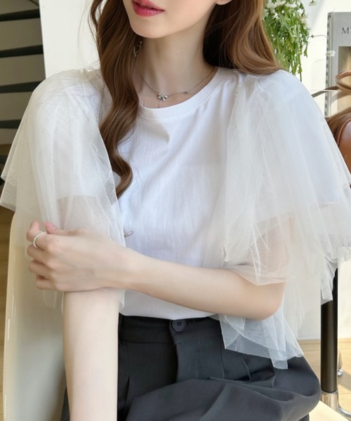 Ada.（エイダ）の「ボリューム チュール フリル スリーブ トップス（Tシャツ/カットソー・レディース・ホワイト/ブラック・FREE）」の6枚目の写真