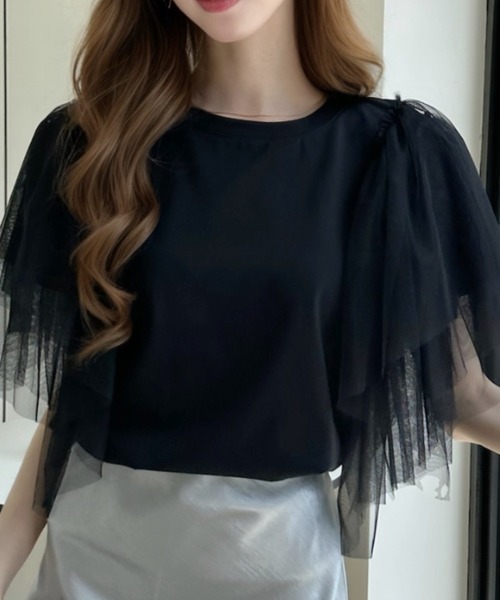 Ada.（エイダ）の「ボリューム チュール フリル スリーブ トップス（Tシャツ/カットソー・レディース・ホワイト/ブラック・FREE）」の9枚目の写真
