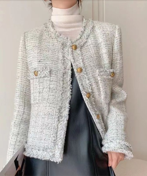 Coo+i(クーイ)の「【入卒式/セレモニー/通勤】ノーカラーツイードジャケット(ノーカラージャケット・レディース・ブラック/マルチ/ホワイト・M/L)」の3枚目の写真