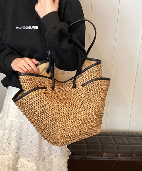 Ritzy(リッツィー)の「大容量 クロッシェ ストローかごバッグ トートバッグ(トートバッグ・レディース・アイボリー/モカ・FREE)」の14枚目の写真