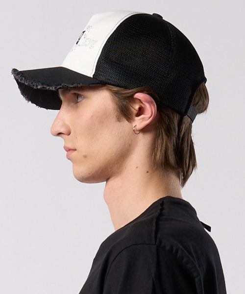 wjk(ダヴルジェイケイ)の「mko13621- panic cut-off mesh cap メッシュキャップ(811 od03j)(キャップ・メンズ・ホワイト×ブラック/ブラック・FREE)」の4枚目の写真
