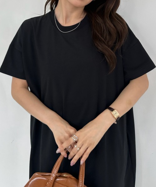 umune（ウムネ）の「Tシャツワンピース ロング丈 マキシワンピ 半袖 クルーネック スリット カットソーワンピ ルームウェア カジュアル 夏（ワンピース・レディース・ブラック/オートミール/グレイッシュベージュ・FREE）」の10枚目の写真