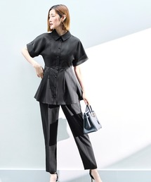 RUIRUE BOUTIQUE | 洗える ストレッチ 2Set | ドルマン ペプラム シャツ / 綺麗シルエット・ テーパードパンツ | パンツスーツ・セットアップ・お仕事服・通勤服・ママスーツ(セットアップ)