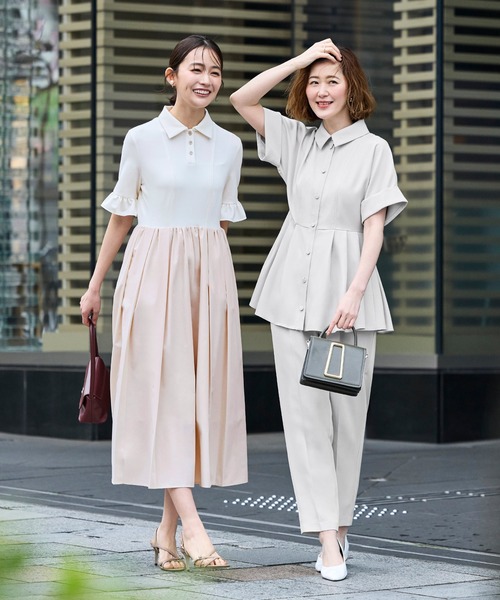 RUIRUE BOUTIQUE(ルイルエブティック)の「洗える ストレッチ 2Set | ドルマン ペプラム シャツ / 綺麗シルエット・ テーパードパンツ | パンツスーツ・セットアップ・お仕事服・通勤服・ママスーツ(セットアップ・レディース・ブラック/ホワイト系1/ネイビー・S/M/L)」の4枚目の写真