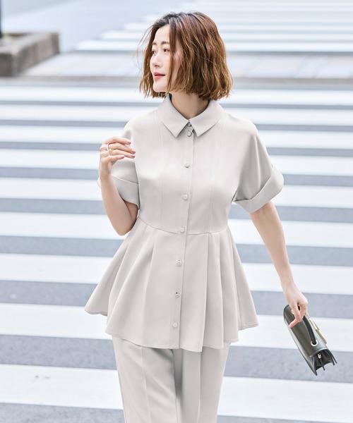 RUIRUE BOUTIQUE(ルイルエブティック)の「洗える ストレッチ 2Set | ドルマン ペプラム シャツ / 綺麗シルエット・ テーパードパンツ | パンツスーツ・セットアップ・お仕事服・通勤服・ママスーツ(セットアップ・レディース・ブラック/ホワイト系1/ネイビー・S/M/L)」の10枚目の写真
