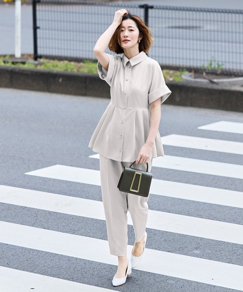 RUIRUE BOUTIQUE(ルイルエブティック)の「洗える ストレッチ 2Set | ドルマン ペプラム シャツ / 綺麗シルエット・ テーパードパンツ | パンツスーツ・セットアップ・お仕事服・通勤服・ママスーツ(セットアップ・レディース・ブラック/ホワイト系1/ネイビー・S/M/L)」の13枚目の写真