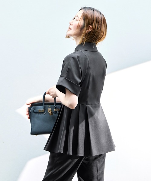RUIRUE BOUTIQUE(ルイルエブティック)の「洗える ストレッチ 2Set | ドルマン ペプラム シャツ / 綺麗シルエット・ テーパードパンツ | パンツスーツ・セットアップ・お仕事服・通勤服・ママスーツ(セットアップ・レディース・ブラック/ホワイト系1/ネイビー・S/M/L)」の14枚目の写真