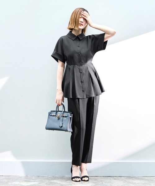 RUIRUE BOUTIQUE(ルイルエブティック)の「洗える ストレッチ 2Set | ドルマン ペプラム シャツ / 綺麗シルエット・ テーパードパンツ | パンツスーツ・セットアップ・お仕事服・通勤服・ママスーツ(セットアップ・レディース・ブラック/ホワイト系1/ネイビー・S/M/L)」の15枚目の写真