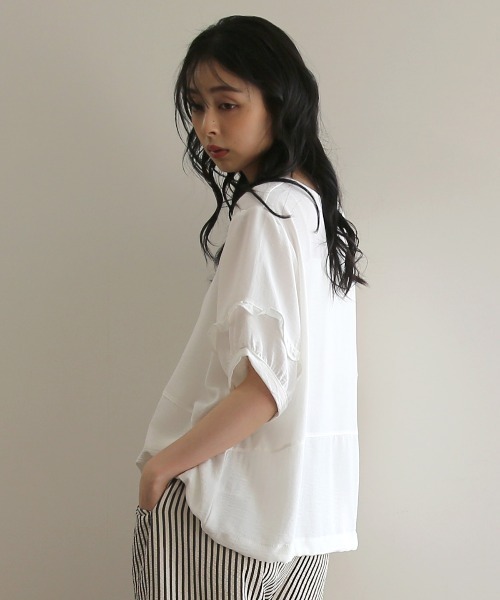 No one knows(ノーワンノーズ)の「ZOZO限定 袖フリルワイドトップス(Tシャツ/カットソー・レディース・ブラック/ホワイト・FREE)」の1枚目の写真