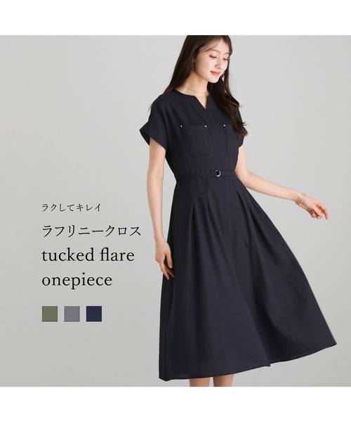 Emilyan（エミリアン）の「【 ラクしてキレイ 】 ラフリニークロス・タックフレアワンピース（ワンピース・レディース・ネイビー/チャコールグレー/カーキ・M）」の10枚目の写真