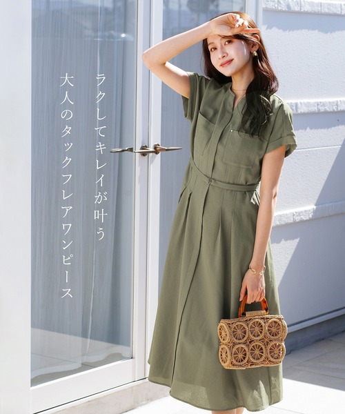 Emilyan（エミリアン）の「【 ラクしてキレイ 】 ラフリニークロス・タックフレアワンピース（ワンピース・レディース・ネイビー/チャコールグレー/カーキ・M）」の14枚目の写真