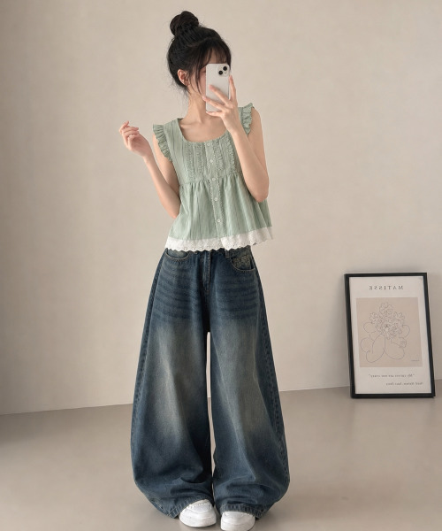 VIVID LADY(ビビッドレディー)の「フリルレース ストライプ ノースリーブブラウス(シャツ/ブラウス・レディース・グレー/グリーン・FREE)」の6枚目の写真