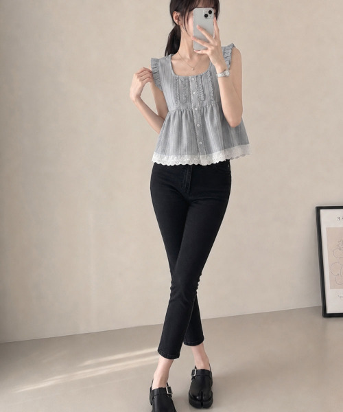 VIVID LADY(ビビッドレディー)の「フリルレース ストライプ ノースリーブブラウス(シャツ/ブラウス・レディース・グレー/グリーン・FREE)」の13枚目の写真