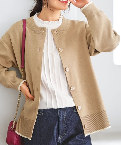 BELLUNA PLUS（ベルーナ）の「洗える！軽い！配色使いニットカーディガン（カーディガン/ボレロ・レディース・レッド/ライトベージュ/ブラック/ロイヤルブルー・MEDIUM/X-LARGE/LARGE）」の2枚目の写真