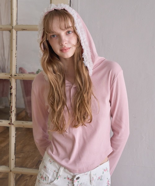 Birthday room(バースデイルーム)の「レーススナップフーディ/Lace-Snap Hoodie(パーカー・レディース・ブラック/ピンク・FREE)」の14枚目の写真
