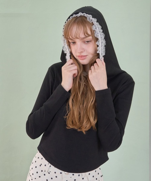 Birthday room(バースデイルーム)の「レーススナップフーディ/Lace-Snap Hoodie(パーカー・レディース・ブラック/ピンク・FREE)」の8枚目の写真