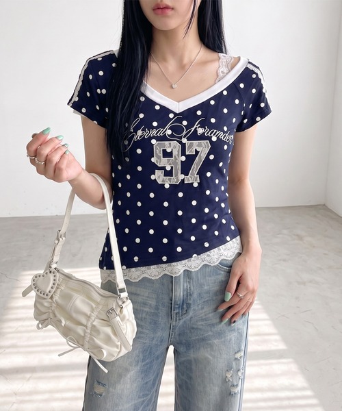 non-hedge(ノンヘッジ)の「ドット柄ナンバリングワンショルダーチビTシャツ(Tシャツ/カットソー・レディース・グレー/ネイビー・FREE)」の1枚目の写真