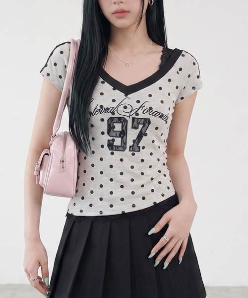 non-hedge(ノンヘッジ)の「ドット柄ナンバリングワンショルダーチビTシャツ(Tシャツ/カットソー・レディース・グレー/ネイビー・FREE)」の2枚目の写真