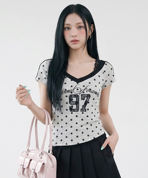 non-hedge(ノンヘッジ)の「ドット柄ナンバリングワンショルダーチビTシャツ(Tシャツ/カットソー・レディース・グレー/ネイビー・FREE)」の19枚目の写真