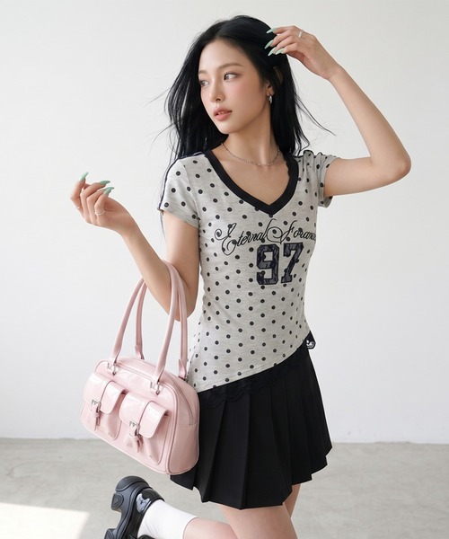 non-hedge(ノンヘッジ)の「ドット柄ナンバリングワンショルダーチビTシャツ(Tシャツ/カットソー・レディース・グレー/ネイビー・FREE)」の22枚目の写真