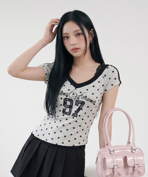 non-hedge(ノンヘッジ)の「ドット柄ナンバリングワンショルダーチビTシャツ(Tシャツ/カットソー・レディース・グレー/ネイビー・FREE)」の13枚目の写真