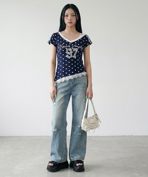 non-hedge(ノンヘッジ)の「ドット柄ナンバリングワンショルダーチビTシャツ(Tシャツ/カットソー・レディース・グレー/ネイビー・FREE)」の15枚目の写真