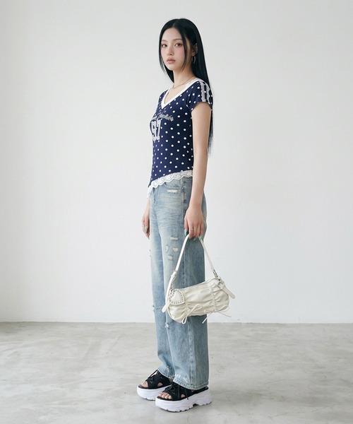 non-hedge(ノンヘッジ)の「ドット柄ナンバリングワンショルダーチビTシャツ(Tシャツ/カットソー・レディース・グレー/ネイビー・FREE)」の16枚目の写真