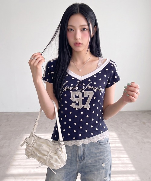 non-hedge(ノンヘッジ)の「ドット柄ナンバリングワンショルダーチビTシャツ(Tシャツ/カットソー・レディース・グレー/ネイビー・FREE)」の18枚目の写真