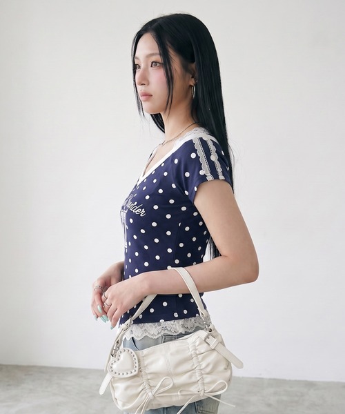non-hedge(ノンヘッジ)の「ドット柄ナンバリングワンショルダーチビTシャツ(Tシャツ/カットソー・レディース・グレー/ネイビー・FREE)」の10枚目の写真