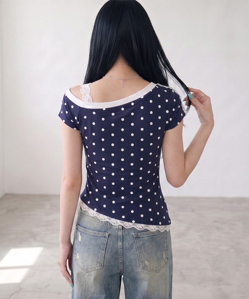 non-hedge(ノンヘッジ)の「ドット柄ナンバリングワンショルダーチビTシャツ(Tシャツ/カットソー・レディース・グレー/ネイビー・FREE)」の11枚目の写真