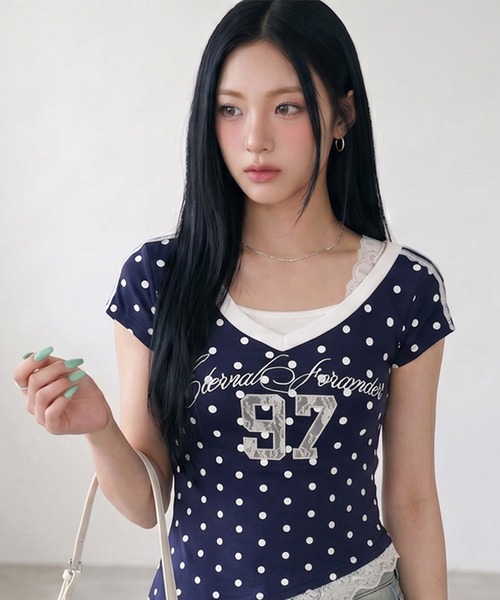 non-hedge(ノンヘッジ)の「ドット柄ナンバリングワンショルダーチビTシャツ(Tシャツ/カットソー・レディース・グレー/ネイビー・FREE)」の12枚目の写真