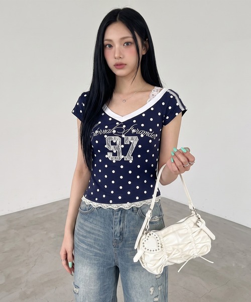 non-hedge(ノンヘッジ)の「ドット柄ナンバリングワンショルダーチビTシャツ(Tシャツ/カットソー・レディース・グレー/ネイビー・FREE)」の8枚目の写真