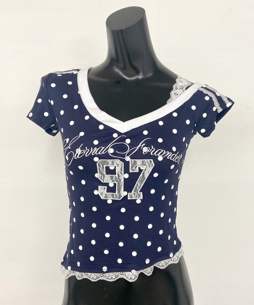 non-hedge(ノンヘッジ)の「ドット柄ナンバリングワンショルダーチビTシャツ(Tシャツ/カットソー・レディース・グレー/ネイビー・FREE)」の4枚目の写真