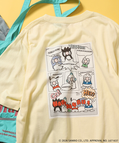 sanrio（サンリオ）の「SANRIO/サンリオ ”HAPIDANBUI” 目隠しコミック柄 プリントTシャツ/ハピダンブイ（Tシャツ/カットソー・レディース・レモンイエロー/チャコール/オフホワイト・ﾌﾘ-）」の8枚目の写真